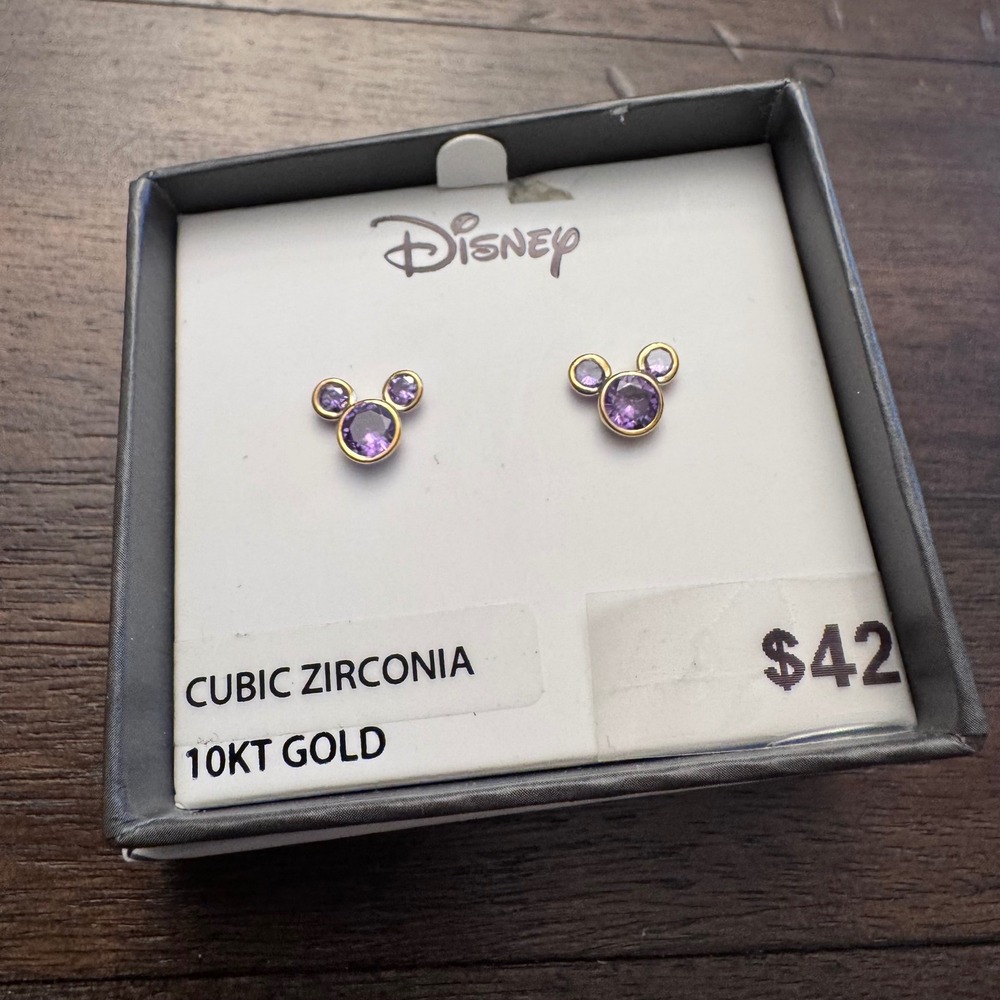 Disney Mickey‎ Mouse Cubic Zirconia 10kt Gold Stud Earrings Purple